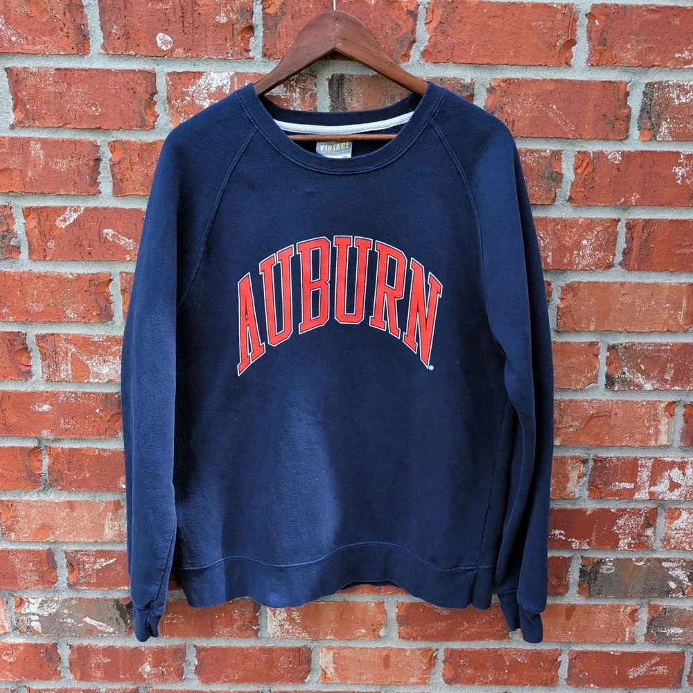 MV Sport Auburn Sweatshirt Mens Large Navy Blue Raglan Crew Neck Graphic